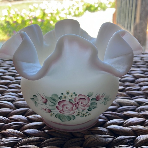 Fenton Hand Painted Small Vase Signed Floral Ruffled Edges Pink Crest White